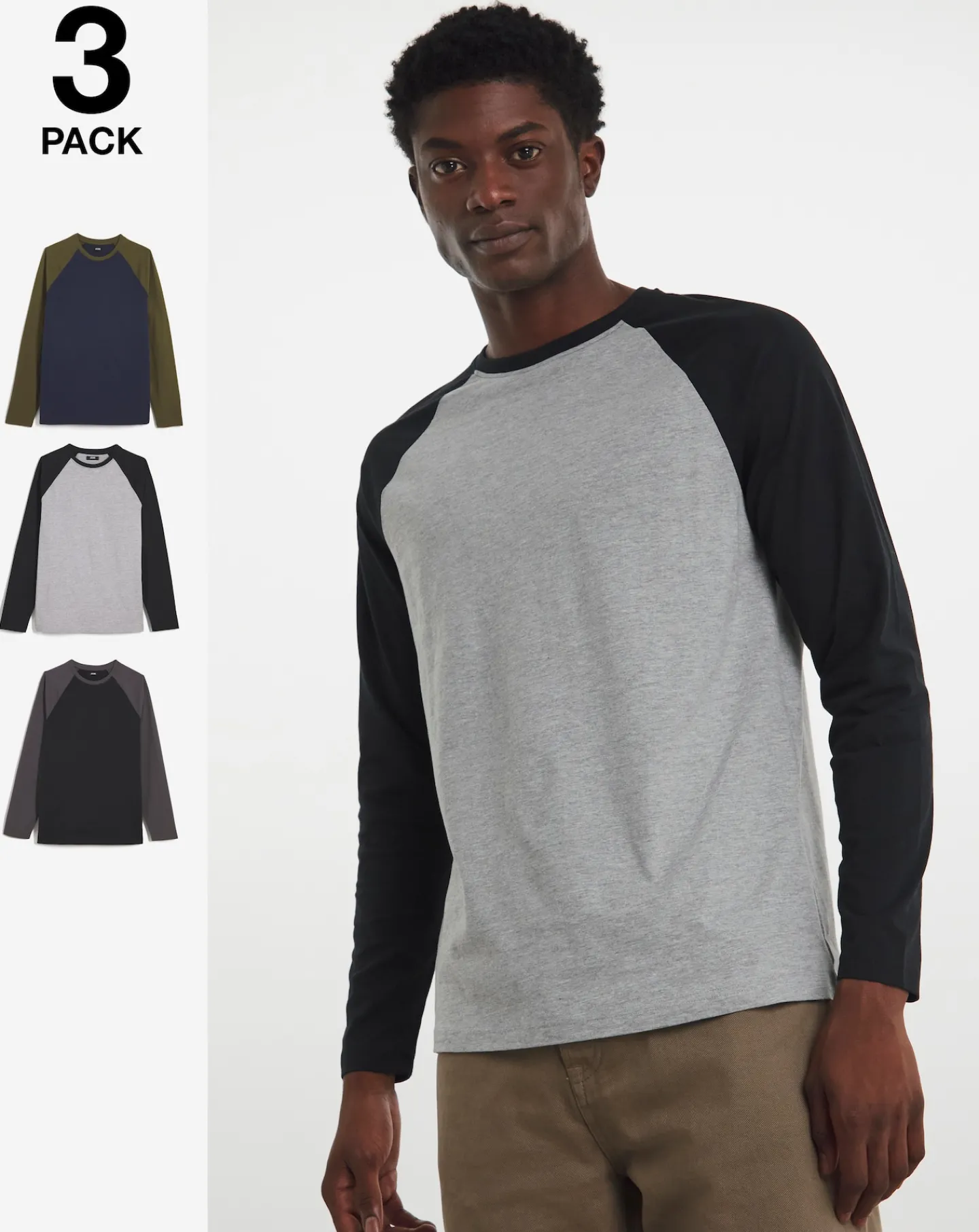 Jacamo 3 Pk Long Sleeve Raglan T-shirt Long