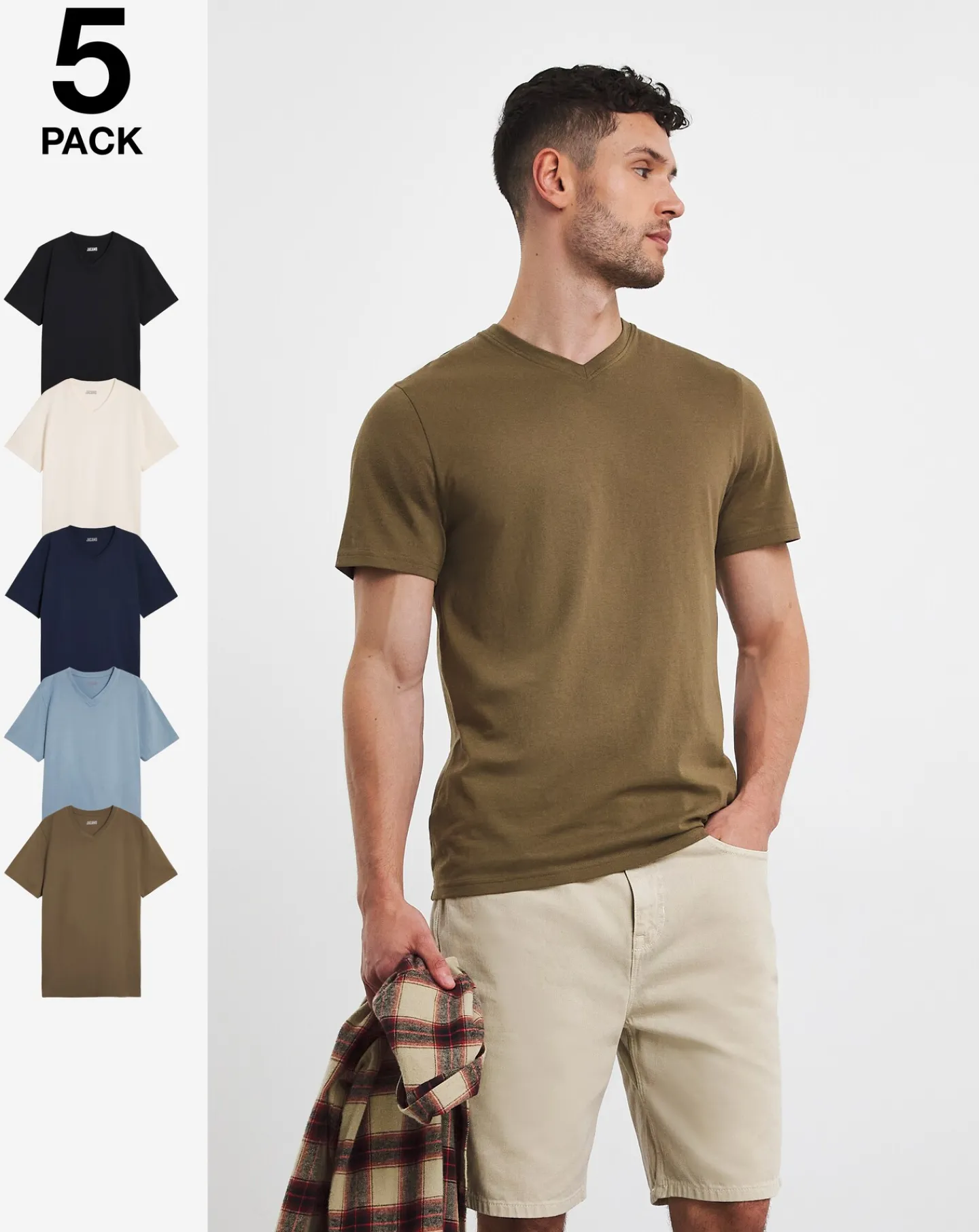 Jacamo 5 Pk Pure Cotton V Neck T-Shirts Long