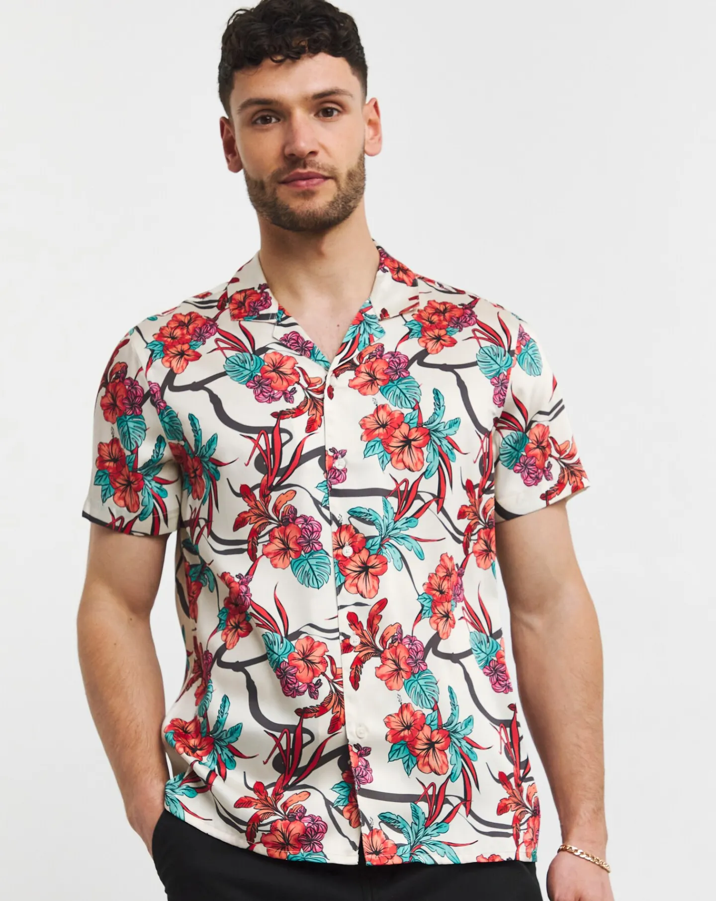 Jacamo Coral Floral Print Cuban Collar Shirt