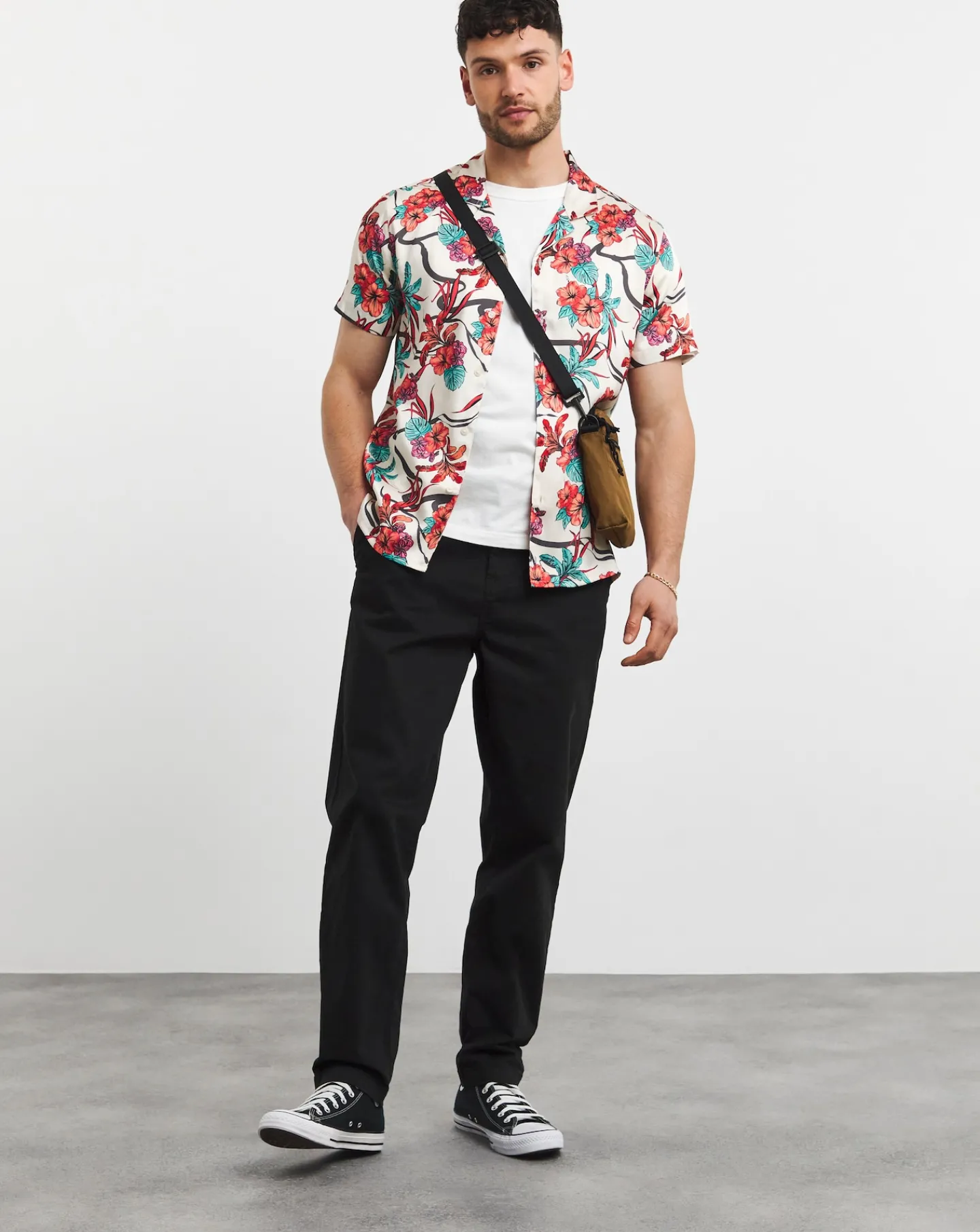 Jacamo Coral Floral Print Cuban Collar Shirt