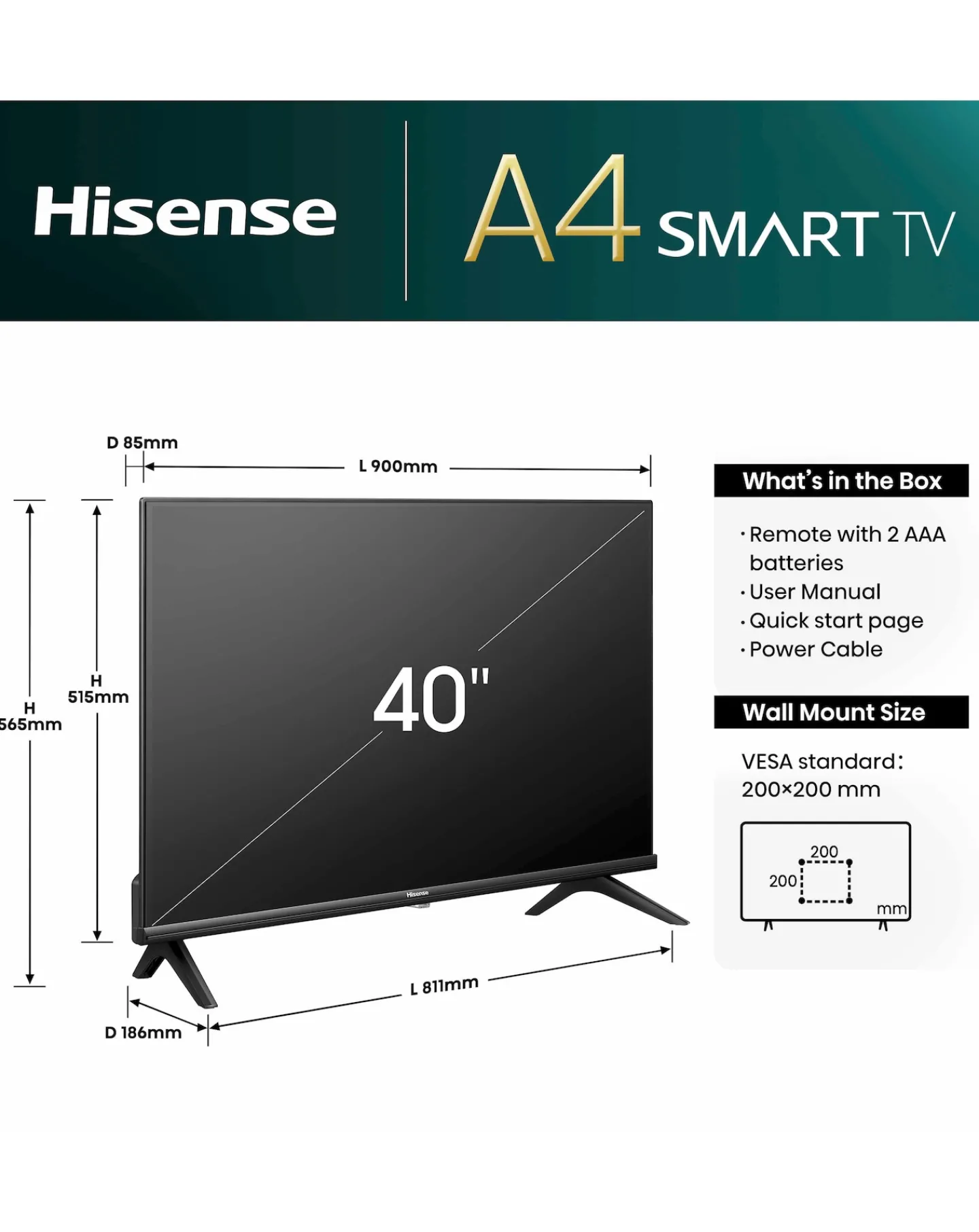 Hisense 40in 40A4NTUK Smart Full HD LED Freeview TV
