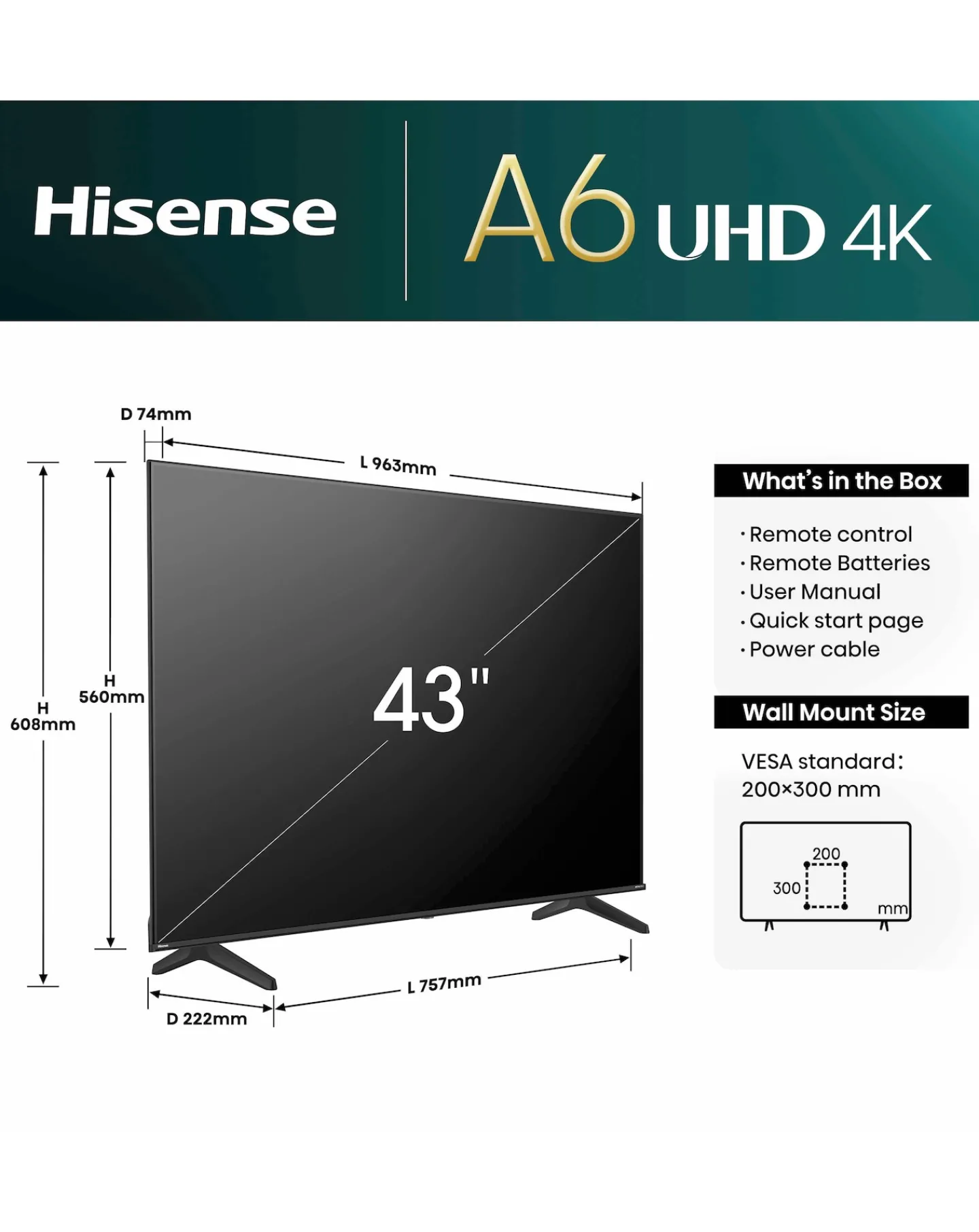 Hisense 43in 43A6NTUK Smart 4K UHD HDR LED TV with Amazon Alexa